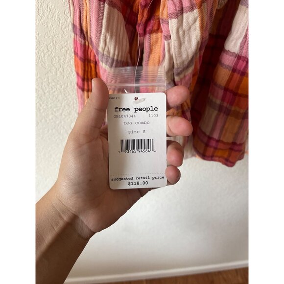 NWT Free People Siena Plaid Orange and Pink Pullover boho Smocked Blouse - Picture 5 of 5
